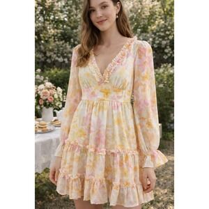 Flying Tomato Dress Womens Sz S Fit Flare Short Floral Ruffle Back Cut Out